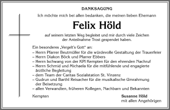 Traueranzeige von Felix Höld von Allgäuer Zeitung,Kempten