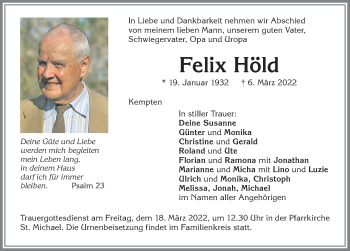 Traueranzeige von Felix Höld von Allgäuer Zeitung,Kempten