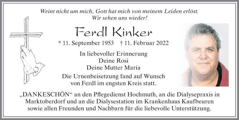  Traueranzeige für Ferdl Kinker vom 12.03.2022 aus Allgäuer Zeitung, Marktoberdorf