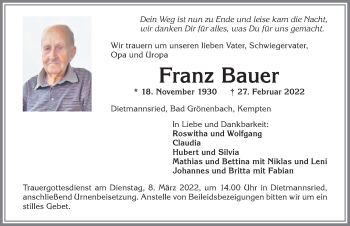 Traueranzeige von Franz Bauer von Allgäuer Zeitung,Kempten