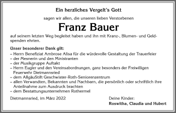 Traueranzeige von Franz Bauer von Allgäuer Zeitung,Kempten