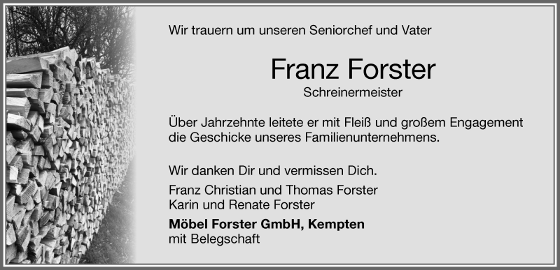  Traueranzeige für Franz Forster vom 05.03.2022 aus Allgäuer Zeitung,Kempten