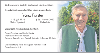 Traueranzeige von Franz Forster von Allgäuer Zeitung,Kempten