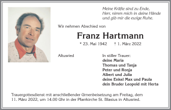 Traueranzeige von Franz Hartmann von Allgäuer Zeitung,Kempten