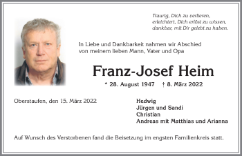 Traueranzeige von Franz-Josef Heim von Der Westallgäuer