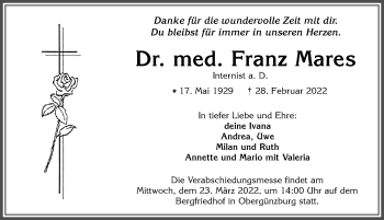 Traueranzeige von Franz Mares von Allgäuer Zeitung, Marktoberdorf