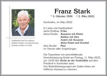 Traueranzeige von Franz Stark von Allgäuer Anzeigeblatt