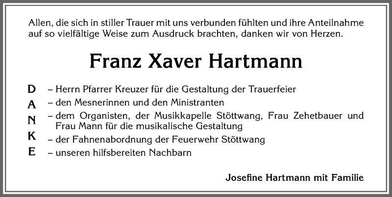  Traueranzeige für Franz Xaver Hartmann vom 10.03.2022 aus Allgäuer Zeitung, Kaufbeuren/Buchloe