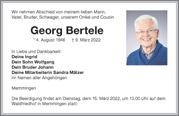 Traueranzeige von Georg Bertele von Allgäuer Zeitung