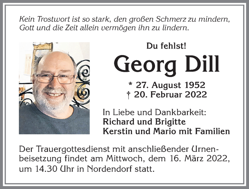  Traueranzeige für Georg Dill vom 09.03.2022 aus Allgäuer Zeitung, Füssen