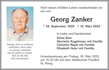 Traueranzeige von Georg Zanker von Allgäuer Zeitung,Kempten