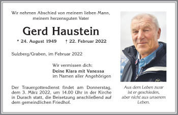 Traueranzeige von Gerd Haustein von Allgäuer Anzeigeblatt