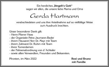 Traueranzeige von Gerda Hartmann von Allgäuer Zeitung, Füssen