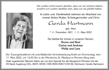 Traueranzeige von Gerda Hartmann von Allgäuer Zeitung, Füssen