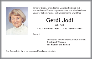 Traueranzeige von Gerdi Jodl von Allgäuer Zeitung,Kempten