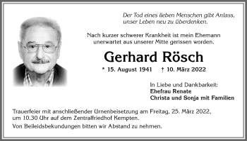 Traueranzeige von Gerhard Rösch von Allgäuer Zeitung,Kempten