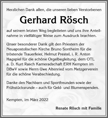 Traueranzeige von Gerhard Rösch von Allgäuer Zeitung,Kempten