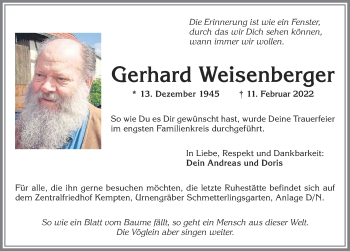 Traueranzeige von Gerhard Weisenberger von Allgäuer Anzeigeblatt