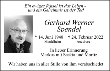 Traueranzeige von Gerhard Werner Spendel von Allgäuer Zeitung, Füssen
