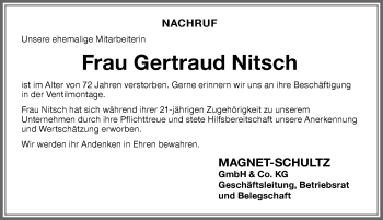 Traueranzeige von Gertraud Nitsch von Memminger Zeitung