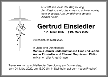Traueranzeige von Gertrud Einsiedler von Memminger Zeitung