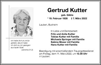 Traueranzeige von Gertrud Kutter von Memminger Zeitung