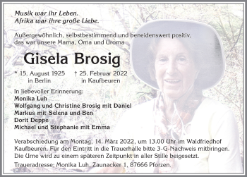 Traueranzeige von Gisela Brosig von Allgäuer Zeitung, Kaufbeuren/Buchloe