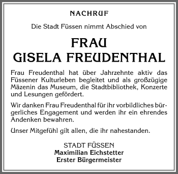 Traueranzeige von Gisela Freudenthal von Allgäuer Zeitung, Füssen