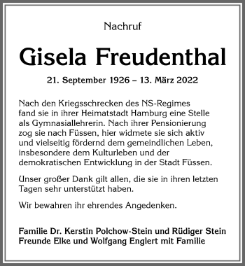 Traueranzeige von Gisela Freudenthal von Allgäuer Zeitung, Füssen
