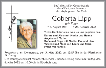 Traueranzeige von Goberta Lipp von Allgäuer Zeitung, Füssen