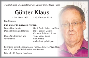 Traueranzeige von Günter Klaus von Allgäuer Zeitung, Kaufbeuren/Buchloe