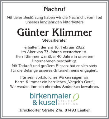Traueranzeige von Günter Klimmer von Allgäuer Zeitung,Kempten