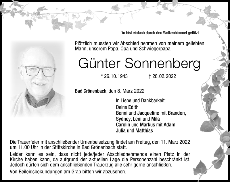  Traueranzeige für Günter Sonnenberg vom 08.03.2022 aus Memminger Zeitung