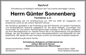 Traueranzeige von Günter Sonnenberg von Memminger Zeitung