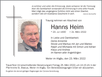 Traueranzeige von Hanns Heim von Der Westallgäuer