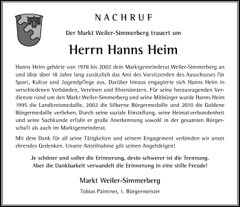 Traueranzeige von Hanns Heim von Der Westallgäuer