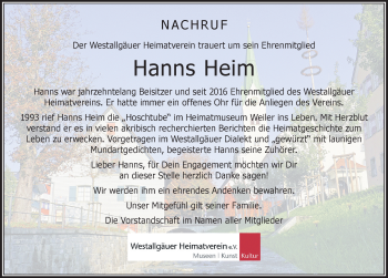 Traueranzeige von Hanns Heim von Der Westallgäuer