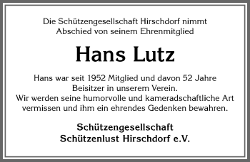 Traueranzeige von Hans Lutz von Allgäuer Zeitung,Kempten