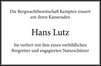 Traueranzeige von Hans Lutz von Allgäuer Zeitung,Kempten