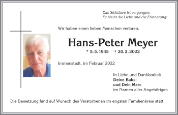 Traueranzeige von Hans-Peter Meyer von Allgäuer Anzeigeblatt