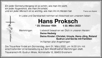 Traueranzeige von Hans Proksch von Memminger Zeitung