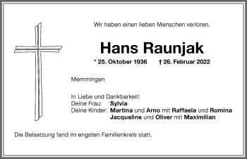 Traueranzeige von Hans Raunjak von Memminger Zeitung