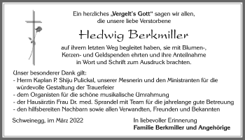 Traueranzeige von Hedwig Berkmiller von Allgäuer Zeitung, Füssen