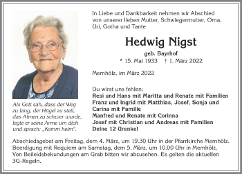 Traueranzeige von Hedwig Nigst von Allgäuer Zeitung,Kempten