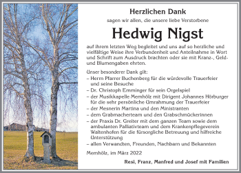 Traueranzeige von Hedwig Nigst von Allgäuer Zeitung,Kempten