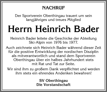 Traueranzeige von Heinrich Bader von Allgäuer Zeitung, Marktoberdorf