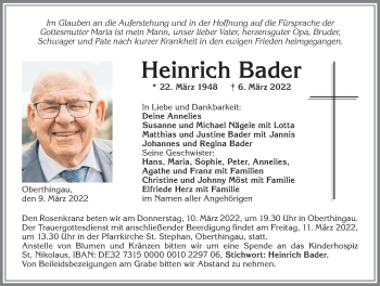 Traueranzeige von Heinrich Bader von Allgäuer Zeitung, Marktoberdorf
