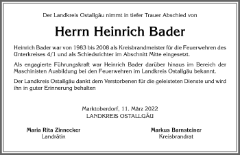 Traueranzeige von Heinrich Bader von Allgäuer Zeitung, Marktoberdorf