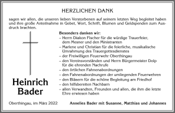 Traueranzeige von Heinrich Bader von Allgäuer Zeitung, Marktoberdorf
