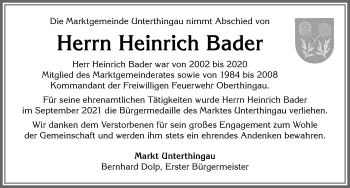 Traueranzeige von Heinrich Bader von Allgäuer Zeitung, Marktoberdorf